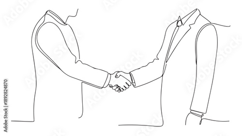 Abstract continuous line drawing of two business professionals shaking hands, symbolizing successful partnership, agreement, and collaborative teamwork