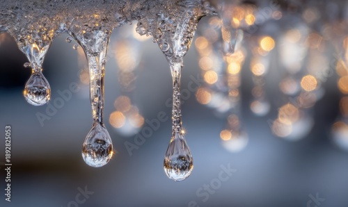 A series of water droplets hanging from a frozen surface
