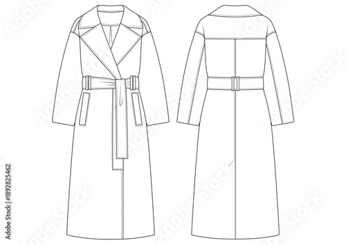 Vector fashion technical drawing of a belted wrap coat with front and back view. Peak lapel. Waist tie. Belt loops. Side pockets. Back yoke. Single back vent. Wool fabric with lining.