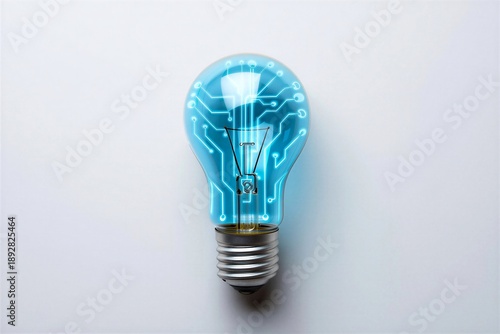 Glowing blue light bulb with circuit board design inside on white background  symbolizing innovation and technology