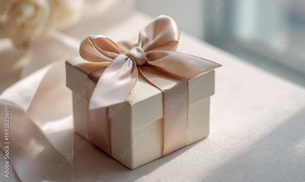 Fototapeta premium A white box with a pink ribbon on top