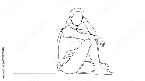 Continuous line drawing of a woman in a relaxed pose, full body shot, depicting a sense of calm and reflection