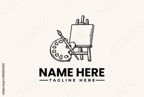 Vector logo illustration of an artist's easel with a palette and paintbrush, icon for a creative business with a pictogram logo design.