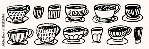 Set of Hand Drawn Coffee Cup Espresso, Cappuccino, Latte, Cozy Morning Coffee Caffeine with Barista in Brunch Time. food and drink in cafe