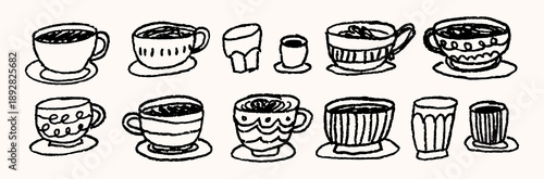Set of Hand Drawn Coffee Cup Espresso, Cappuccino, Latte, Cozy Morning Coffee Caffeine with Barista in Brunch Time. food and drink in cafe
