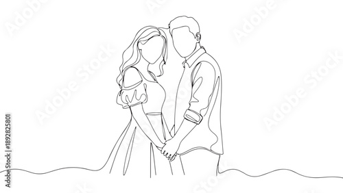 Couple holding hands in a continuous line drawing, symbolizing love and unity, perfect for wedding invitations and romantic designs