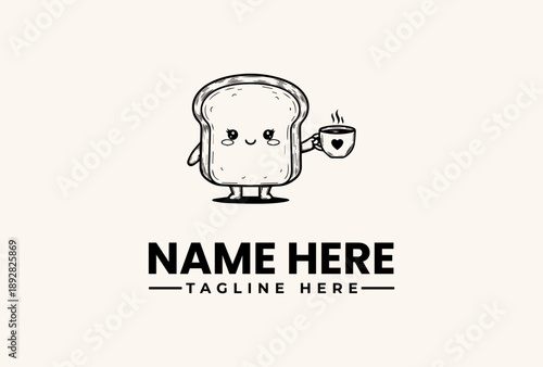 A cartoon slice of toast with a smiling face holds a cup of coffee against a clean white background, featuring a logo and placeholder text for a brand identity or advertising campaign in a