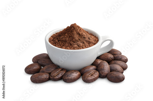 Cup of ground coffee powder with roasted coffee beans isolated on white background