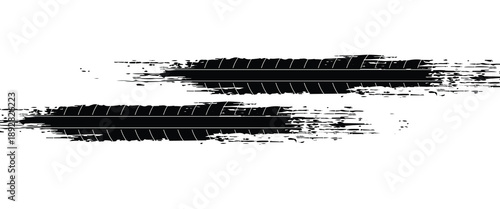 Tire tread marks, wheel textures, tire marks - car racing, motocross, drift, rally, off-road and others. Vector black isolated texture in grunge style with splashes.eps10