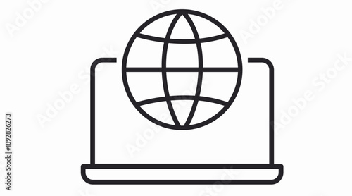 Clean black and white vector icon showing a laptop with a globe symbol, ideal for representing global internet access, online platforms, digital communication, web technology, and remote work. 