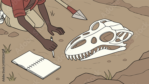 Paleontologist uncovering ancient dinosaur fossil in desert landscape