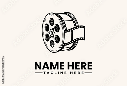 Black and white illustration of a film reel icon with customizable text on a beige background.
