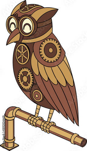 Steampunk owl perched on copper pipe with intricate gear details