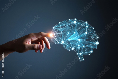 Hand touching glowing blue brain network with connections and nodes on dark background with light effect  concept of artificial intelligence and neuroscience