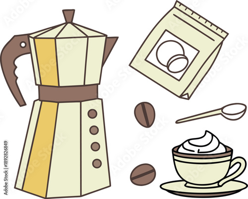 Classic Moka Pot Coffee Maker Set with Roasted Beans Bag and Espresso Cup with Whipped Cream