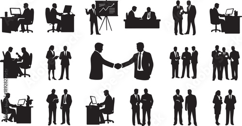 Business People Silhouettes in Various Office Settings and Actions