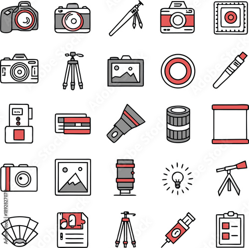 Collection of professional photography and film making icons in modern design
