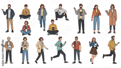 Diverse group of people in casual clothing performing various actions, standing, sitting, and walking, vector illustrations