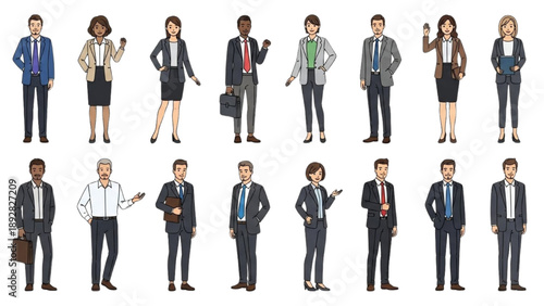 Diverse group of business professionals standing in various poses and attire, showcasing different roles and styles in a modern office setting