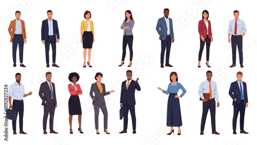 Diverse group of professionals standing together in various poses and attire