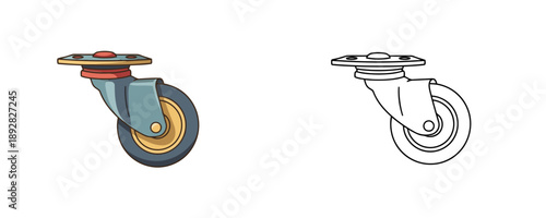 Industrial swivel caster wheel for furniture and carts in cartoon and outline styles with blue yellow and red colors used for heavy equipment on white background