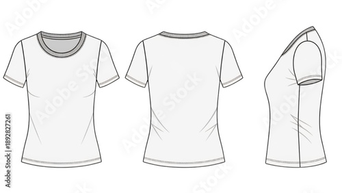 Fashion illustration of a t-shirt from various viewpoints on a white background