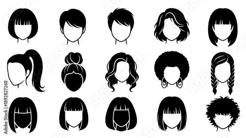 Collection of diverse hairstyles and facial features illustrated in black and white graphics