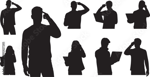 Silhouettes of people in various poses and actions together