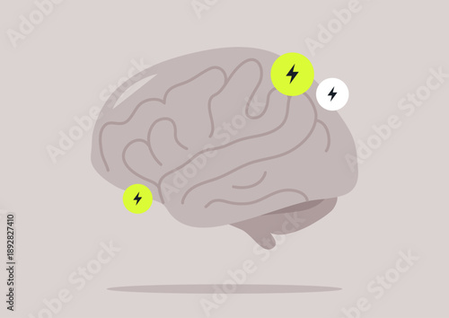 A gray brain surrounded by bright yellow and white flashes, depicting the dynamic nature of thoughts and memories in a whimsical and engaging manner.
