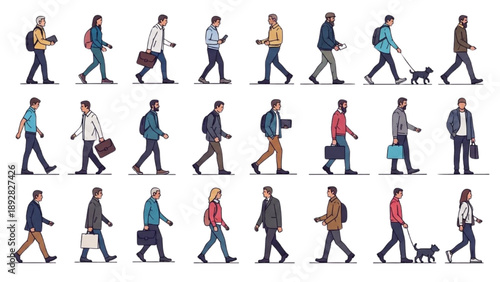 Diverse group of people walking in various directions with accessories and pets in a busy urban setting.