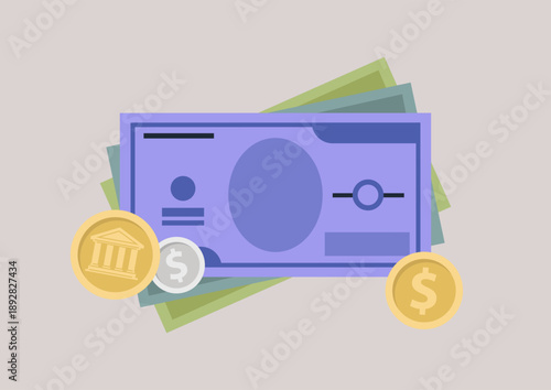 Stacks of cash in various denominations rest against a soft background, showcasing the appeal of currency, Coins complement the bills, representing the essence of money and value.