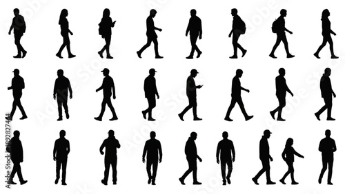 Collection of diverse people walking alone in various poses and directions