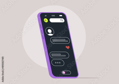 A vibrant mobile phone displays an engaging messenger interface, highlighting the simplicity of modern communication in a cozy indoor setting, perfect for evening chats.