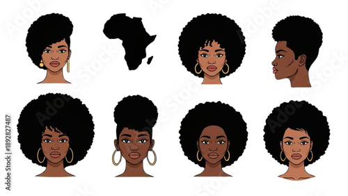 Diverse Female Profiles Illustrations Showcasing Various Afro Textures from Different Angles