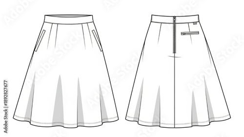 Fashion illustration of a pleated skirt viewed from front and back on a clean white background