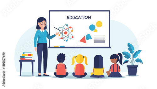 Female teacher teaching diverse children in classroom education concept whiteboard and books vector illustration