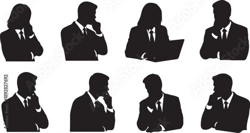 Silhouettes of business professionals in various poses and thinking