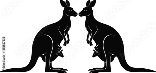 Black Silhouette Illustration of Two Kangaroos Facing Each Other with Baby Joey in Pouch, Representing Australian Wildlife, Nature, Symmetry, Family Bond, and Animal Love Concept
