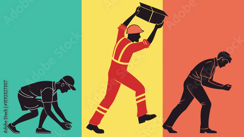 Three workers in different colored backgrounds lifting and carrying objects, showcasing teamwork and collaboration in industrial setting