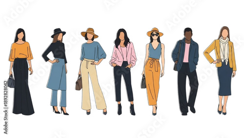 Diverse group of fashionable people standing together, showcasing various styles and outfits in a studio setting from a front viewpoint