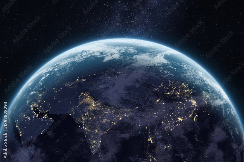 Fototapeta premium Planet Earth and Milky Way galaxy in outer space. Asia. Amazing night planet Earth with cities lights. Middle East, India, China, Taiwan, Japan, South Korea at night viewed from space. 