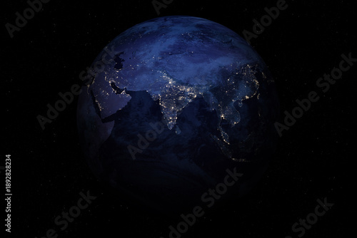 Earth planet in outer space. All Asia at night viewed from space with city lights. Western, Central, Southern, Eastern, Southeastern Asia. Beautiful Dark background. Space wallpaper. 