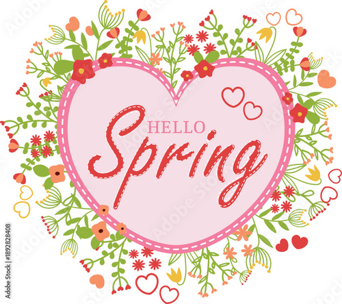 Hello Spring Greeting Card with Heart Frame and Floral Wreath