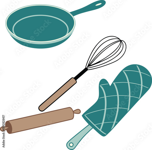 Essential kitchen tools for baking and cooking with a frying pan, whisk, rolling pin, and oven mitt