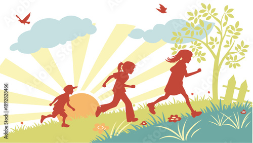 Vibrant illustration of happy children running freely in a sunny meadow with flowers, capturing joy and carefree childhood moments