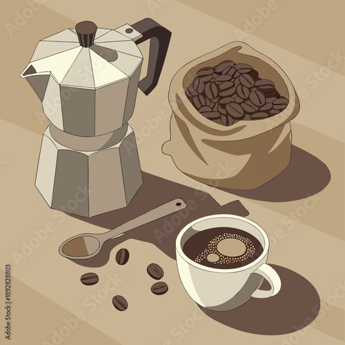 Delicious coffee setup with freshly brewed cup and beans