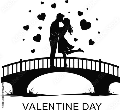 Silhouette of a romantic couple kissing on a bridge with floating hearts, celebrating Valentine's Day.