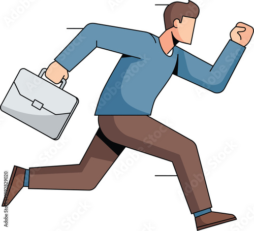 A businessman in a blue shirt and brown pants running urgently while carrying a grey briefcase.
