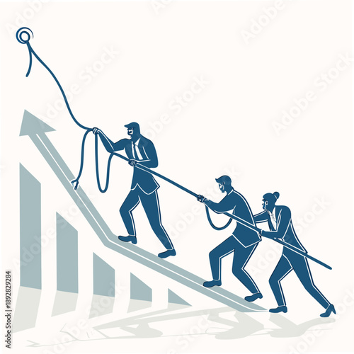 Business group pulling rope up metallic graph people