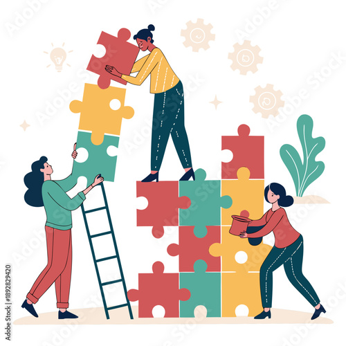 Group of people arranging colorful puzzle pieces into stacked blocks